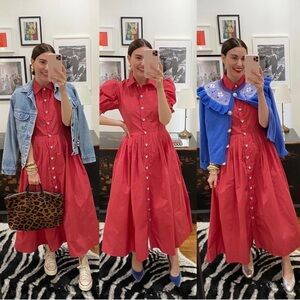 BURU x Val Puffed Sleeve Shirt Dress in Red Taffeta, Size. XS NWOT